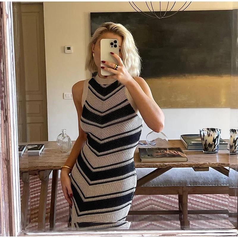 Трикотажное полосатое платье в стиле пэчворк с кисточками, женское облегающее платье с круглым вырезом без рукавов, миди-платья, весна 2024, новые женские уличные халаты