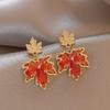 Autumn & Winter Maple Leaf Zircon Earrings: Retro Silver with Red and Copper Details