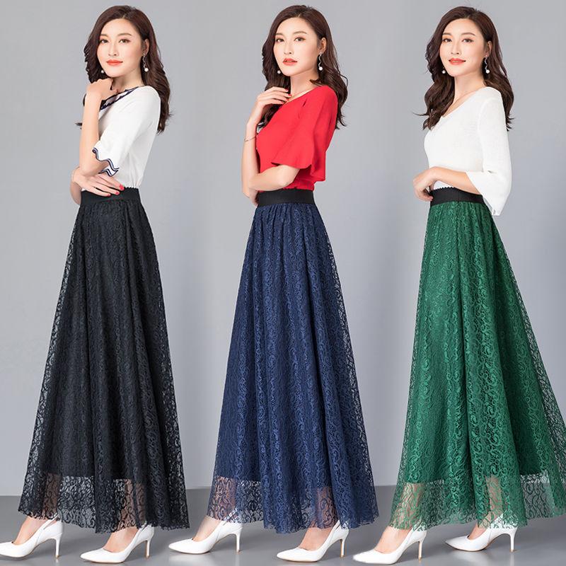 Универсальная длинная юбка трапеции большого размера, женская весенне-осенняя кружевная эластичная юбка средней длины с высокой талией