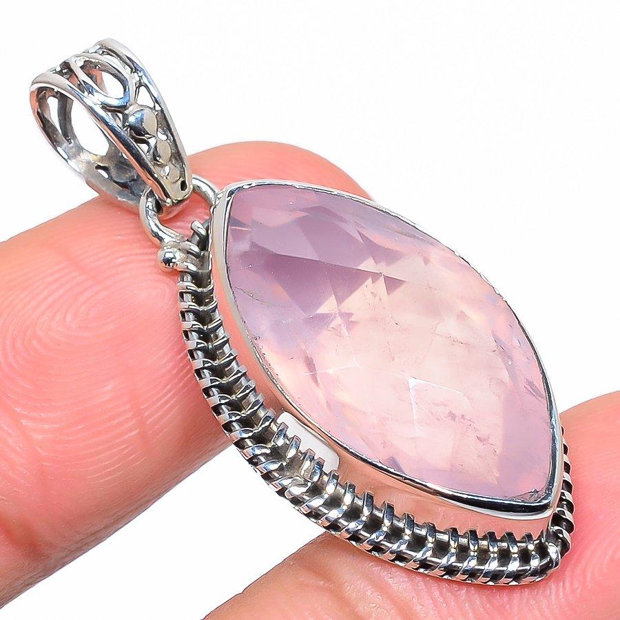 Natural Rose Quartz Gemstone 925 Solid Sterling Silver Gift Pendant 1.65" Z1k68