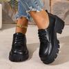 Women's Black Chunky Heel Loafers Fashion Patent Leather Platform Shoes Woman Thick Bottom Lace Up Dress Shoes Plus Size 35-43