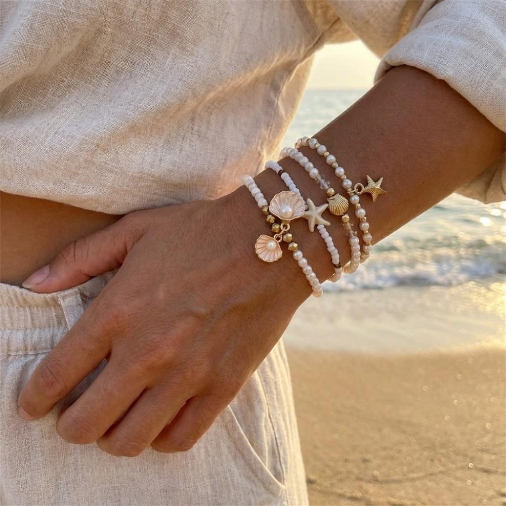 Bohemian Multilayer Shell Bracelets Starfish Wrap Charm Hand Chain New Conch Beaded Bangles  Beach