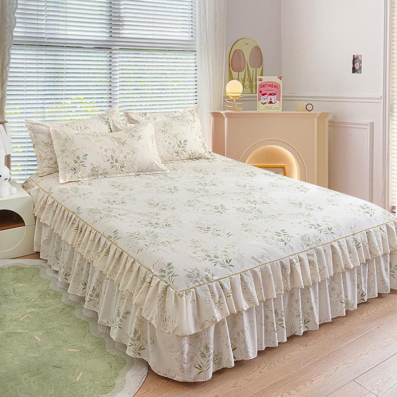 Printed Bed Skirt Skin-Friendly Bed Skirt Single Piece Single Double Bed Cover Three-Piece Set Double Layer Lace Bed Skirt Bed Cover