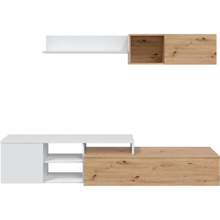 Ensemble meuble TV réversible JULIA - Mélaminé blanc et chêne - 2 Portes battantes - L220 x P40 x H 44 cm