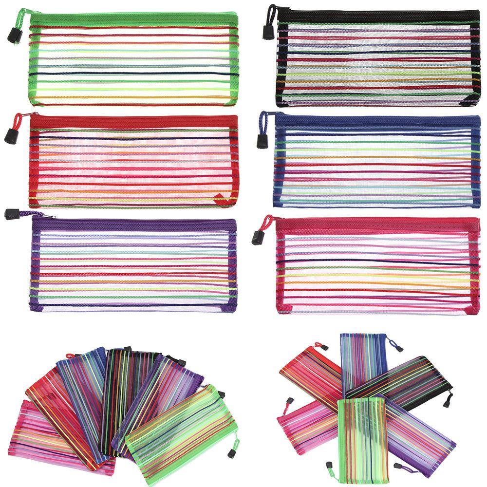 Purse Makeup Stationery Rainbow Color Nylon Grid Cosmetic Storage Mesh Pen Bag Zipper Pencil Case