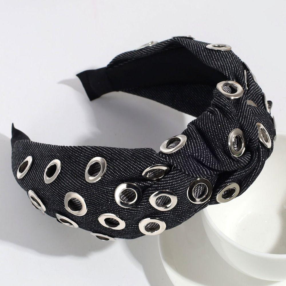 Широкая джинсовая повязка на голову Y2K Повязка на голову с полыми люверсами Аксессуары для волос Панк Повязка для волос Вечеринка