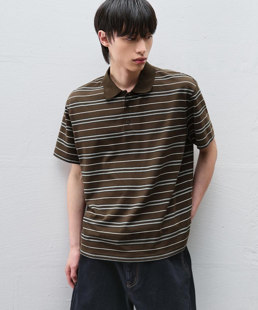 DRAW FIT Striped Broad Pique Half T-Shirt [Dark Brown]