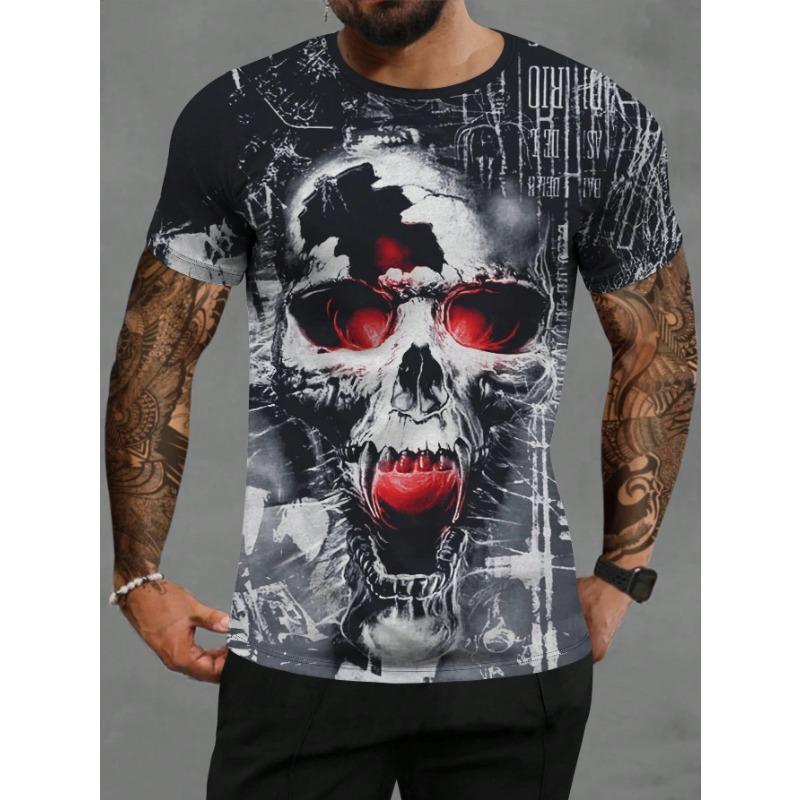 Summer Round Neck 3D Skull Pattern Print Top Fashionable Casual Short Sleeved Men's T-shirts