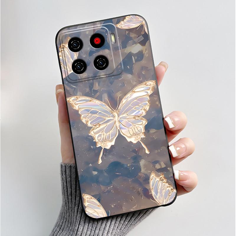 Чехол для телефона ZTE Blade A56 BladeA56 Pro Корпус Роскошная Мода Бабочки Цветы Черный Мягкий ТПУ Силикон Защитный Чехол