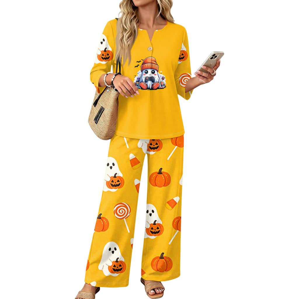 Женский повседневный костюм из 2 предметов: топ с принтом на Хэллоуин с рукавом 3/4 на пуговицах и широкие брюки