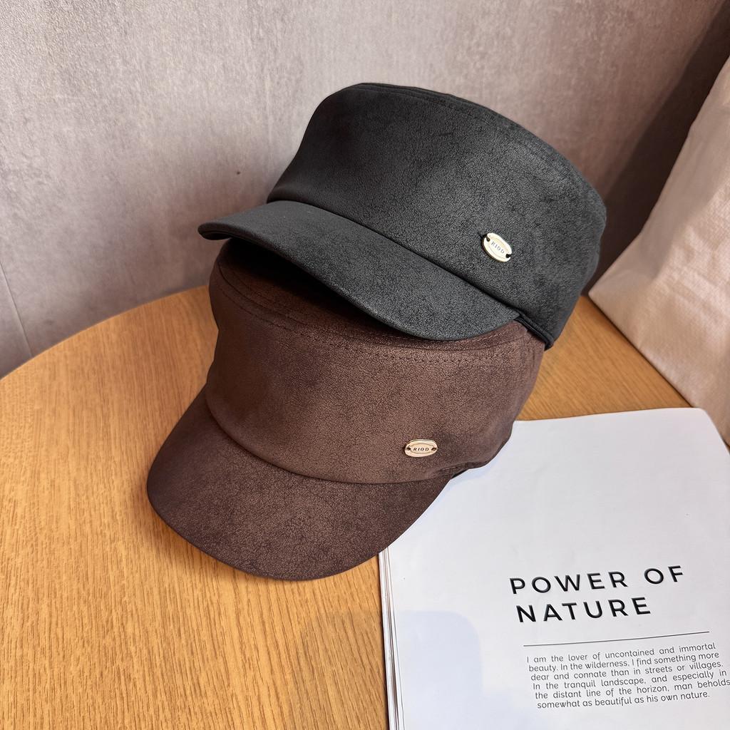 Simple Solid Color Gold Logo Decor Women Casual Suede Beret Hat Fall For