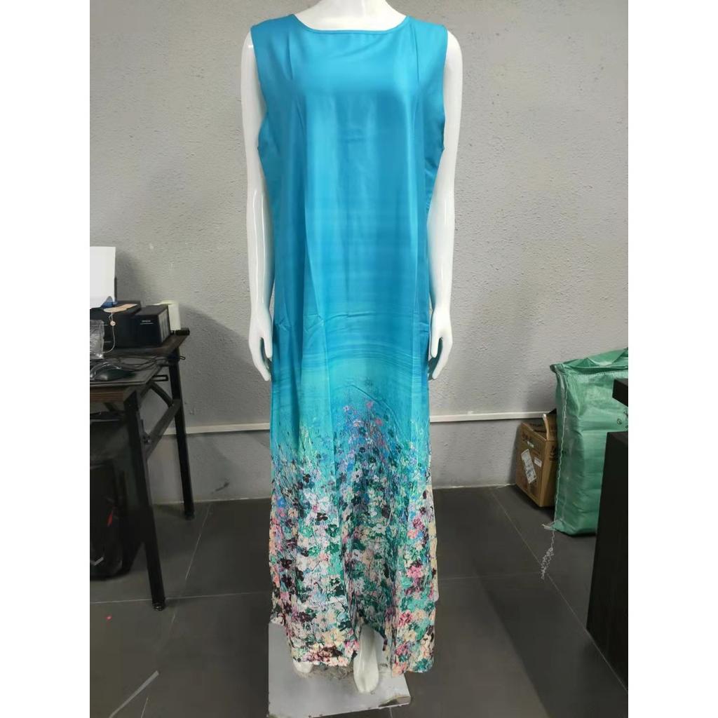 GMXIA Summer Positioning Flower Round Neck Sleeveless Loose Print Dress Long Skirt Women