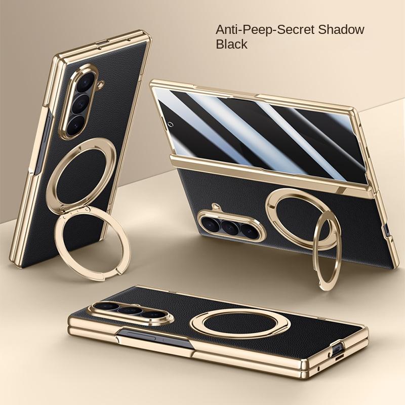 Для Samsung Galaxy Z Fold 7 Кожаный 360° Поворотный Держатель Магнитное Закаленное Стекло Передняя Пленка Противоударный Чехол для Телефона с Поддержкой Отпечатков Пальцев