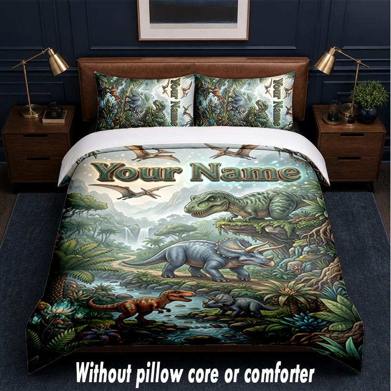 Dinosaur Theme Custom Text Or Name 3Pcs Bedding Set,1 Flat Sheet & 2 Pillowcases Personalized Home Bedding
