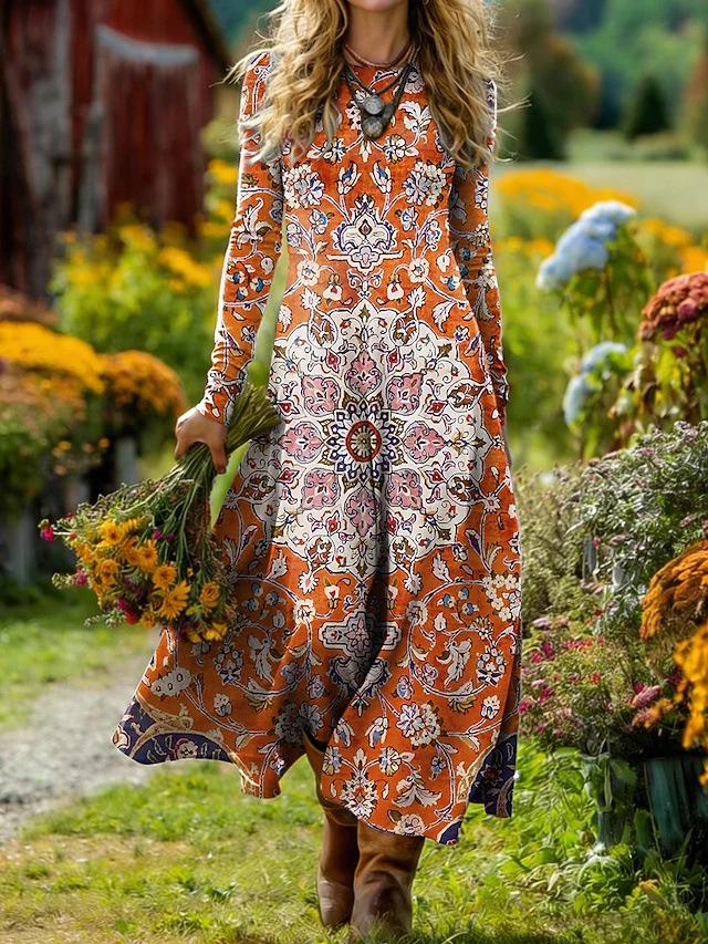 Женское среднедлинное платье в богемно-ретро стиле с принтом, А-силуэта, для отпуска