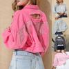 Womens Long Sleeve Back Rhinestone Tassels Loose Ripped Hole Denim Jeans Jacket Short Coat