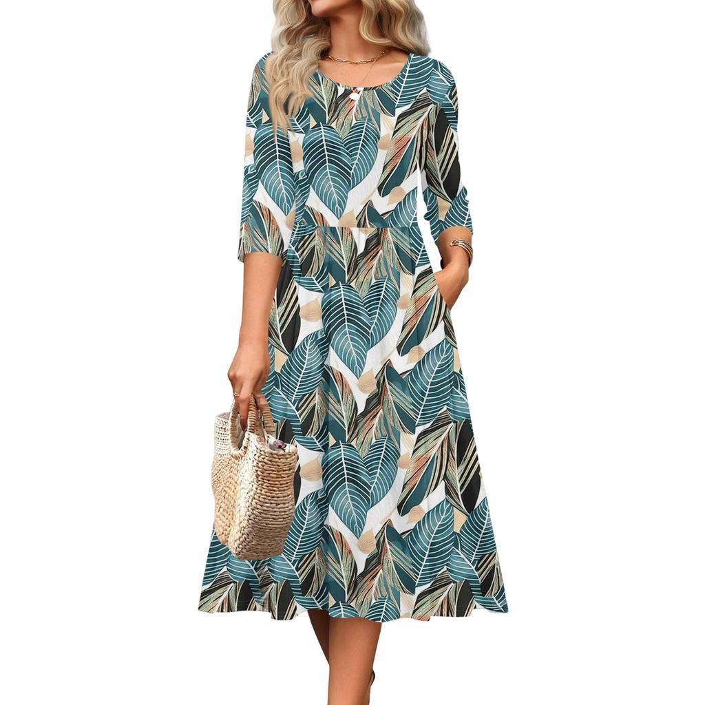 Женское платье с рукавом 3/4, повседневное, свободное, А-силуэта, миди, футболка, с карманами, с круглым вырезом, для отпуска, в стиле бохо, пляжный сарафан