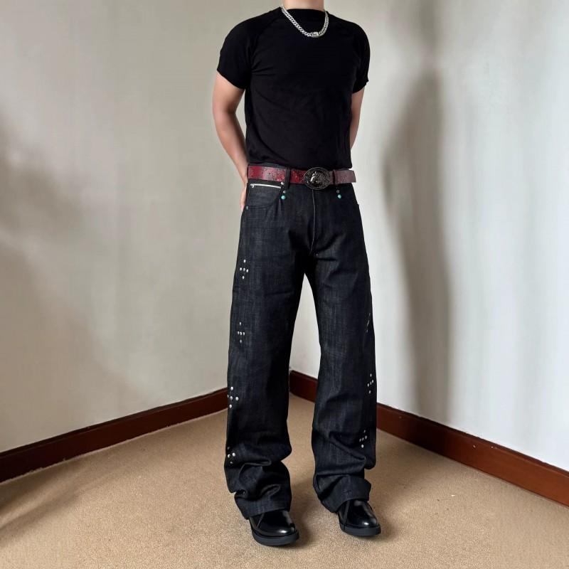 Mens Relaxed Fit Raw Denim Jeans With Rivets Turquoise Accents Vintage Streetwear Straight Leg Trousers
