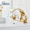 Tuqiu Gold Bathroom Faucet Widespread Sink Tap Brass Faucet Bathroom Sink Faucet 3 Hole Crystal Handle Hot And Cold Water Tap