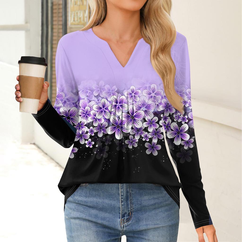 Women's Fashion Casual Long Sleeve Shirt Floral Printed V Neck Up Tops