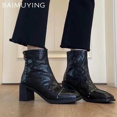 Зимние кожаные массивные женские ботильоны дизайнерская мода элегантные туфли на среднем каблуке тренд 2025 дизайнерские готические туфли лодочки ботильоны женские