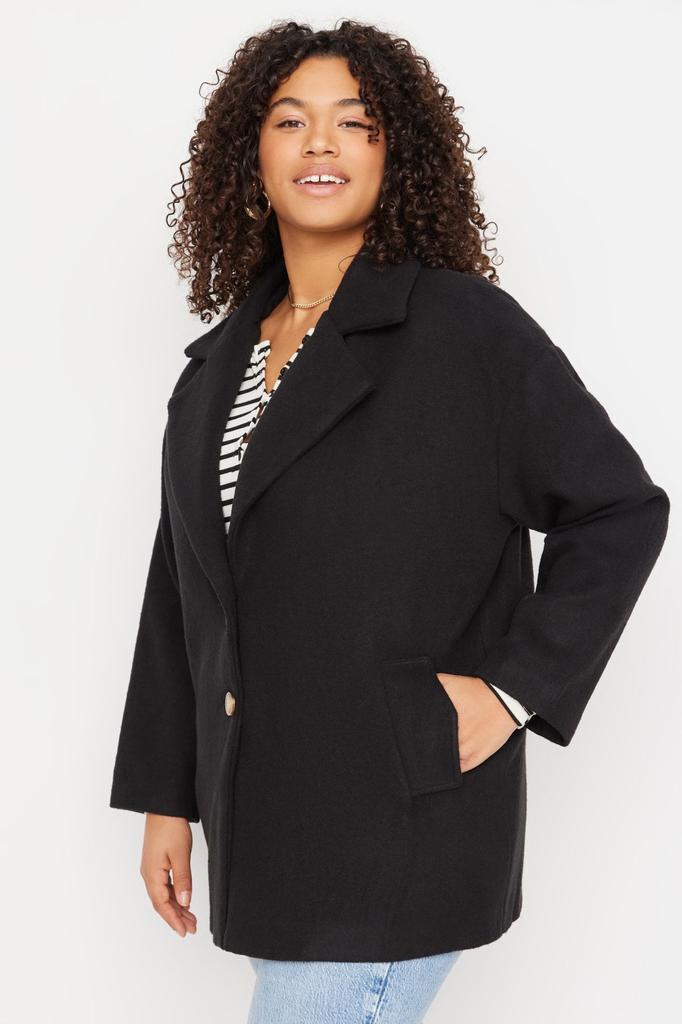 Women's Style Plus Size Wide Cut Stitched Woven Coat with Black Button Detail