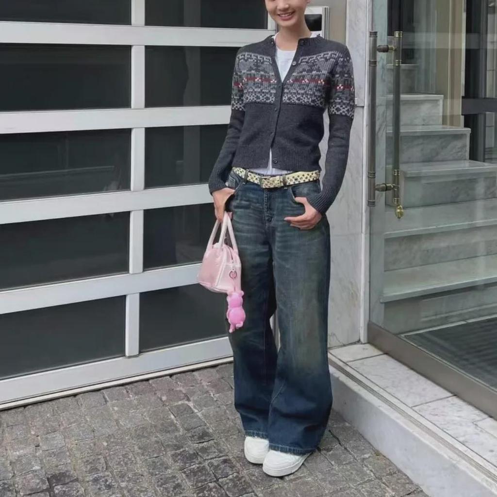 Женский кардиган 2024 года из серого кашемира и жаккарда в стиле ретро