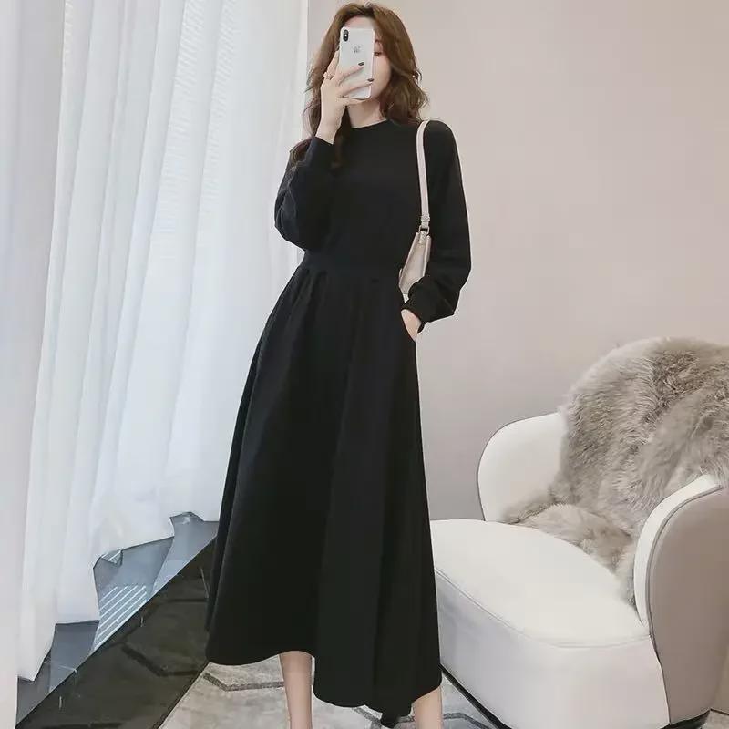 Korean Style Autumn/Winter Long Sleeve Waisted Sweater Dress for Women - Trendy Round Neck Design