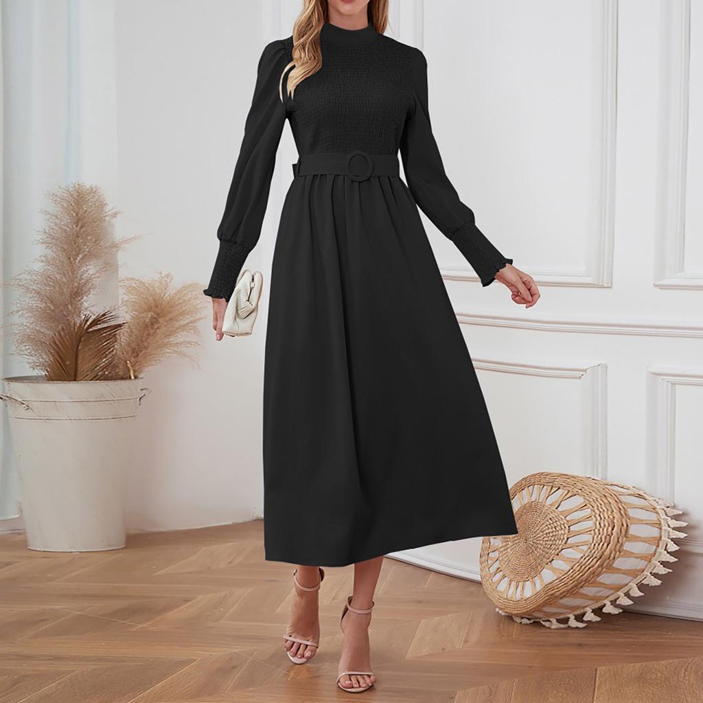 Женское сплошное цветное высокое круглое большое свободное платье с длинными рукавами, облегающее длинное платье