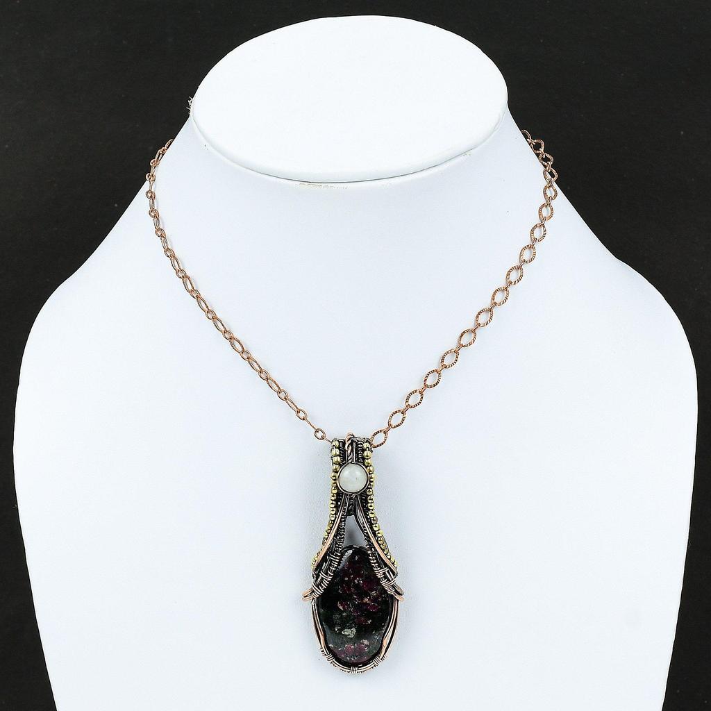 Медный кулон с эвдиалитом, подвеска из медной проволоки, ювелирные изделия ручной работы, подвеска с лунным камнем и драгоценным камнем, подарок для женщин, упаковка ювелирных изделий с эвдиалитом