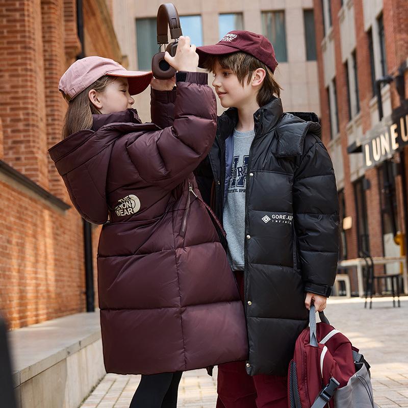 Детские пуховики для мальчиков и девочек, новое стильное зимнее пальто средней длины с утолщенным белым утиным пухом