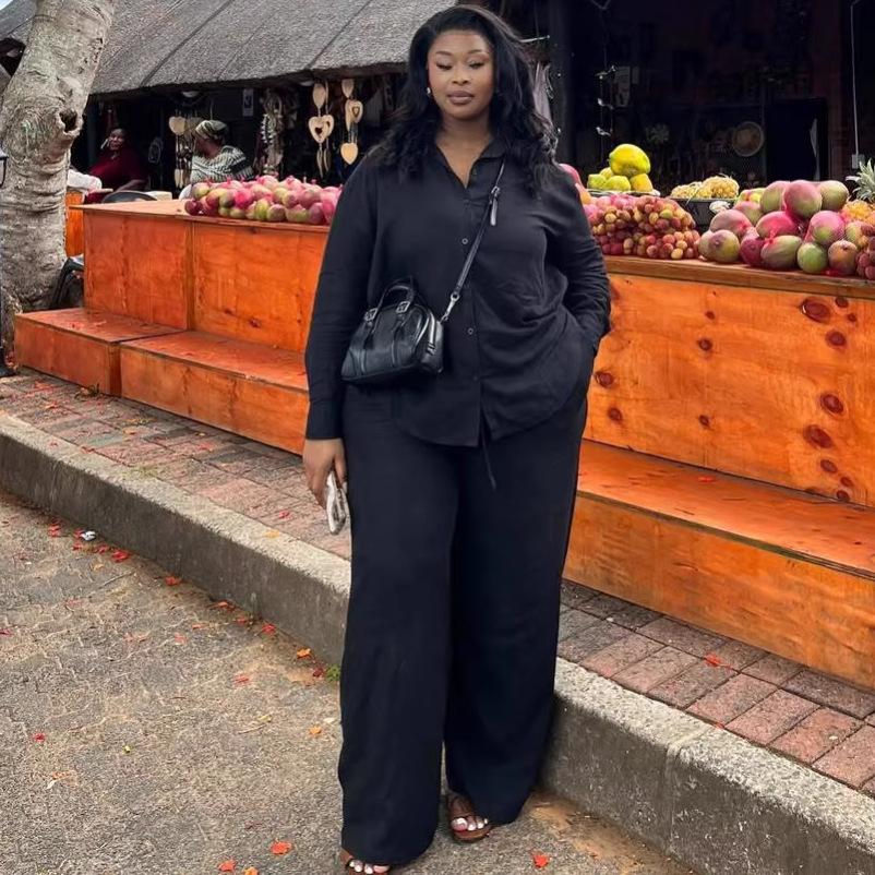 Africa's new long-sleeved lapel solid color large-size shirt set European and American women's clothing casual wide-leg trousers two-piece set for
