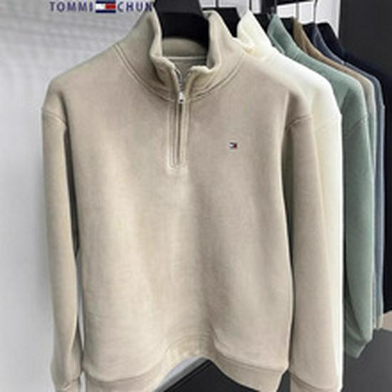 Оригинальный мужской джемпер Tommy из кашемира с длинным рукавом - Однотонный, с вышивкой, с воротником, большого размера, универсальный вязаный базовый слой.