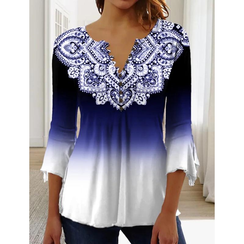 Весенне-летние топы, женская плиссированная футболка на пуговицах с v-образным вырезом и рукавами 3/4 с цветочным принтом