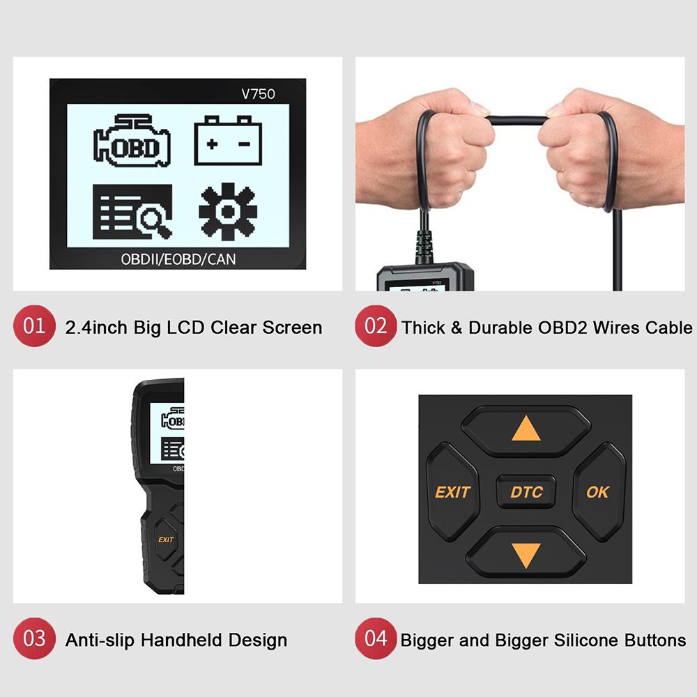 V750 Автомобильный сканер OBD2 Считыватель кодов OBD2 Тестер аккумулятора и датчика кислорода Чтение информации об автомобиле Диагностические инструменты Система проверки двигателя