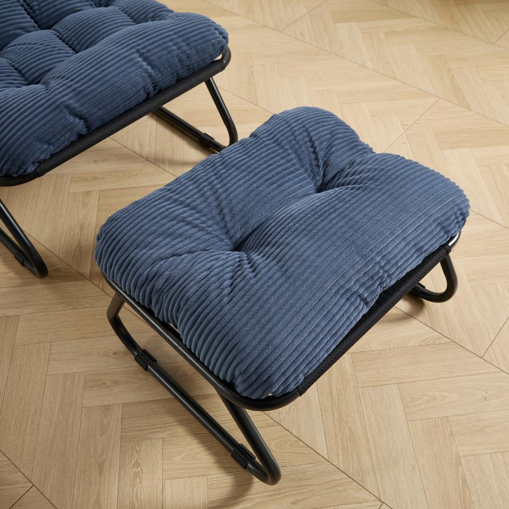 Patio Outdoor Lounge Chair with Ottoman, Comfy Sling Recliner Chair with Puffy Cushion and Foot Stool, Black frame with navy blue cushion