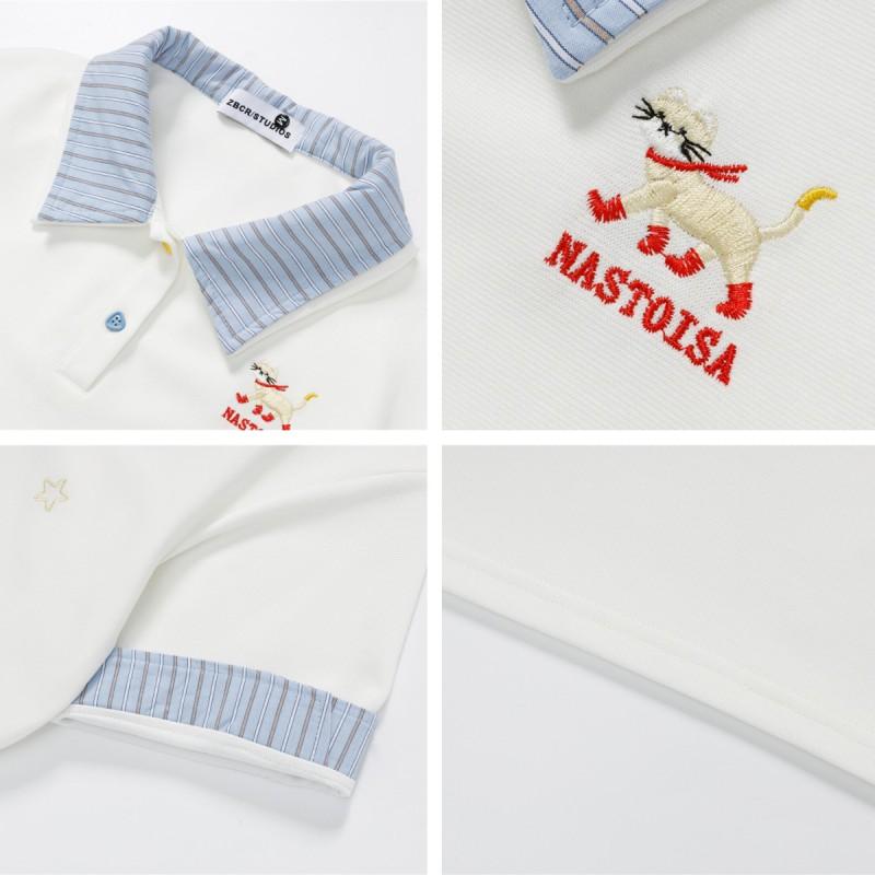 American Vintage Color Block Cartoon Embroidered Fake Two-Piece Polo Shirt Loose Casual T-Shirt Men Women