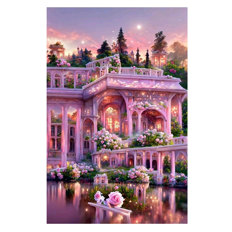 5D DIY Алмазная мозаика Картина Полный квадрат Стразы Озеро Замок Лунная дорога Алмазная вышивка Цветочный пейзаж Головоломка Подарок