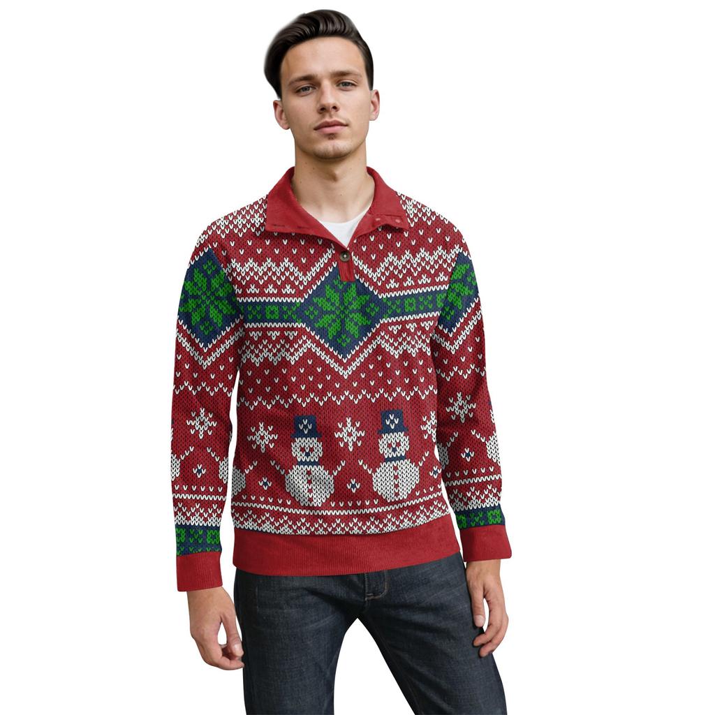 Men's Christmas Cotton Pullover Long Sleeve Outdoor Shirt Vintage Corduroy Button Stand Collar Shirt Casual Sweatshirt Christmas Print Top