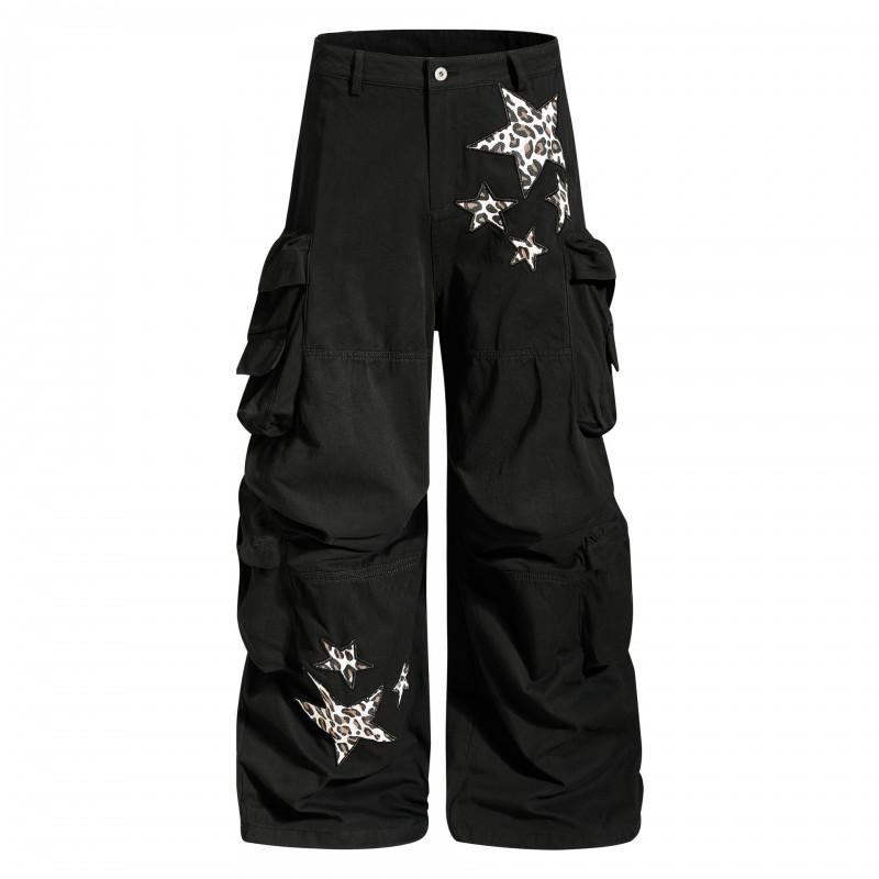 Unisex Cargo Wide-Leg Pants With Leopard Patch Embroidery Cotton Utility Trousers Loose Fit Streetwear
