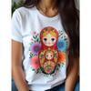 Женская футболка с цветочным принтом и матрешкой Белая Разноцветные цветы Повседневная с коротким рукавом Летний топ