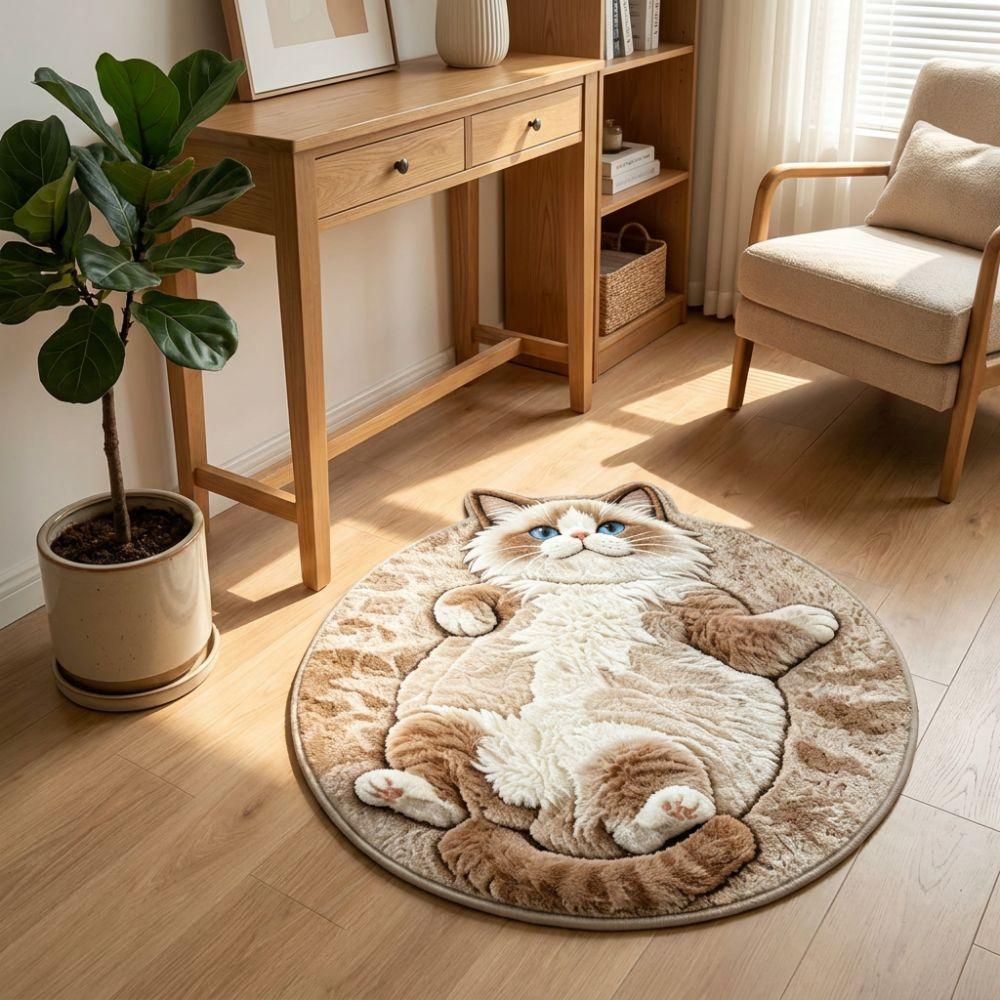 Round Shape Home Decor Carpet Non-Slip Cartoon Carpet Cute Cat Area Rug Bedrooms