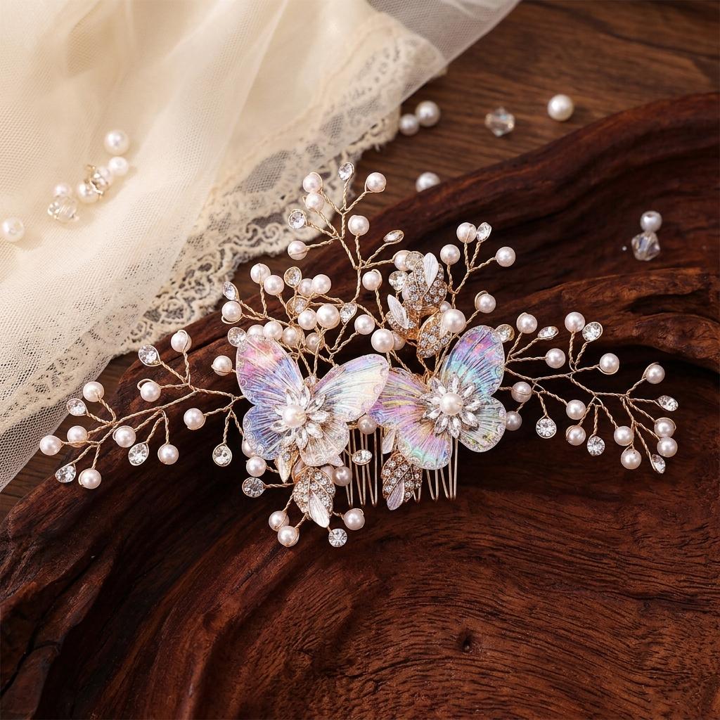 Elegant Pearl Butterfly Hair Comb Floral Headpieces for Bride Wedding Hair Jewelry Girls Headwear Women Party Hair Accessories