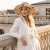 Breathable Sun Protection Straw Hat Nylon Lightweight Lace Trim Large Brim Hat Floral Tie Hollow Out Sunshade Hat Vacation