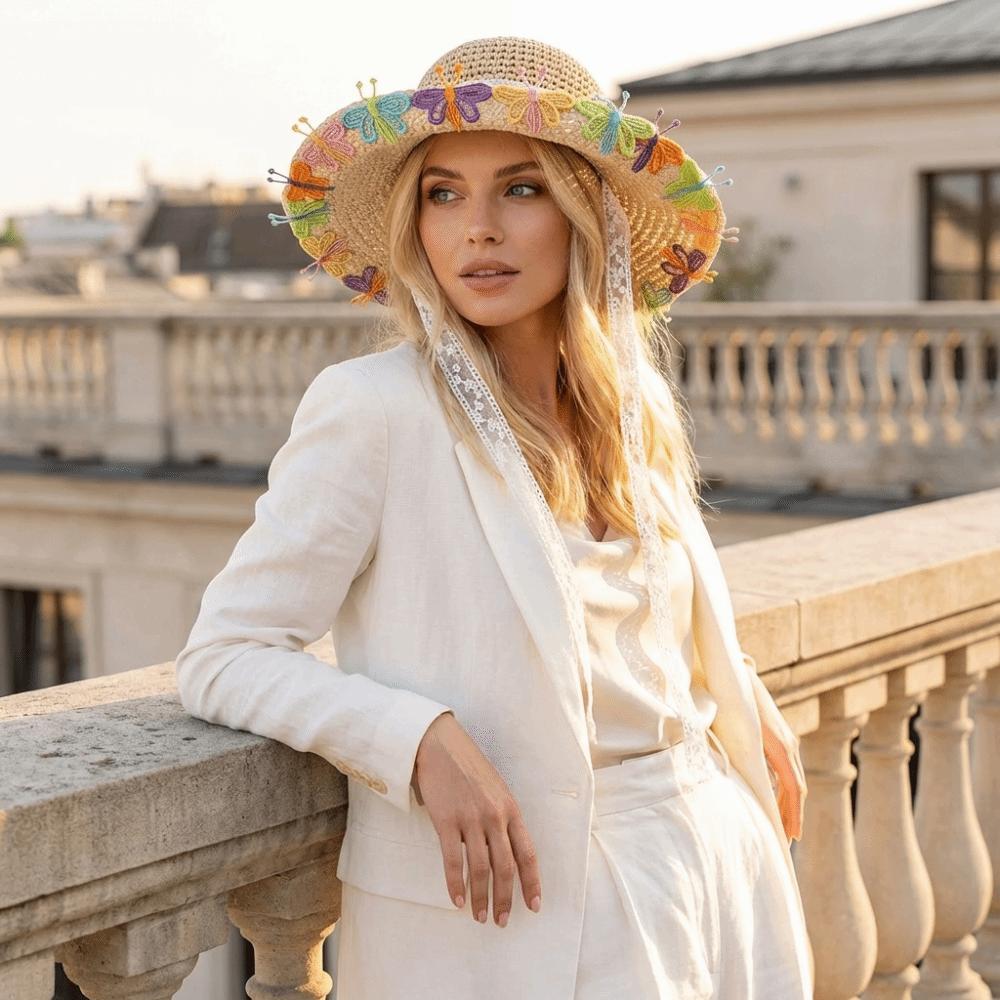 Breathable Sun Protection Straw Hat Nylon Lightweight Lace Trim Large Brim Hat Floral Tie Hollow Out Sunshade Hat Vacation