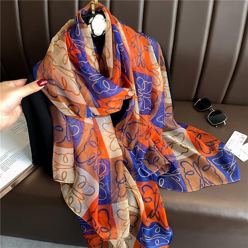 Plaid Butterfly Silk Scarf Commuter Large Shawl Soft Yarn Scarf Simulation Silk Pattern Scarf Women's Large Size Sun Protection Light Luxury