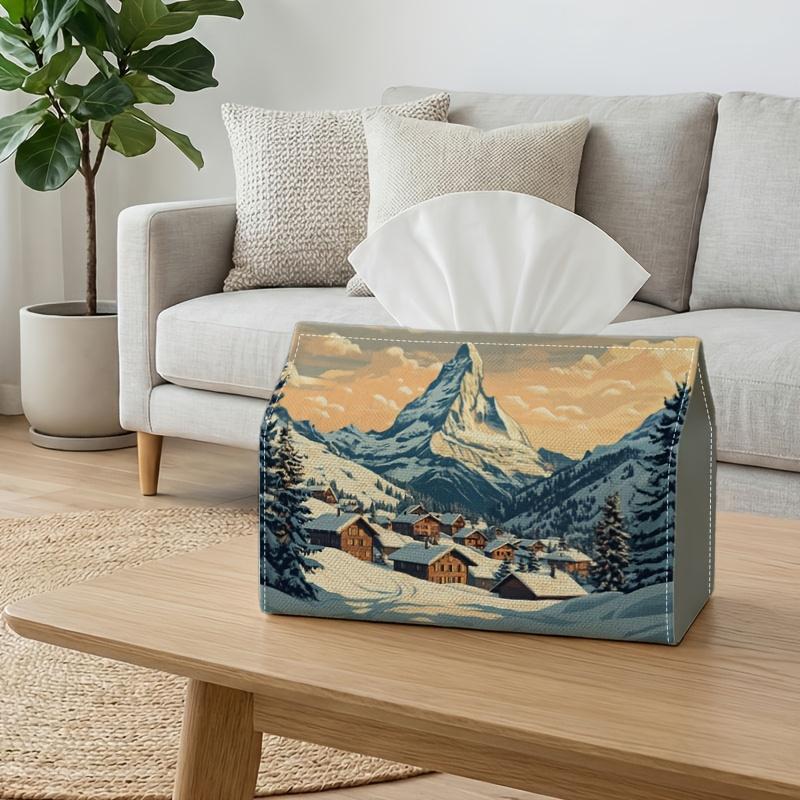1pc Snowy Mountain Village Landscape Tissue Box | Decorative Storage Box for Holiday Home Decor, Kitchen, Living Room, Car - Festive Tissue Dispenser,