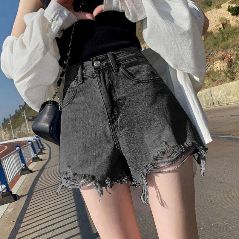 Удобные узкие модные и универсальные джинсовые шорты женские летние с высокой талией тонкие свободные широкие брюки А-силуэта с дырками