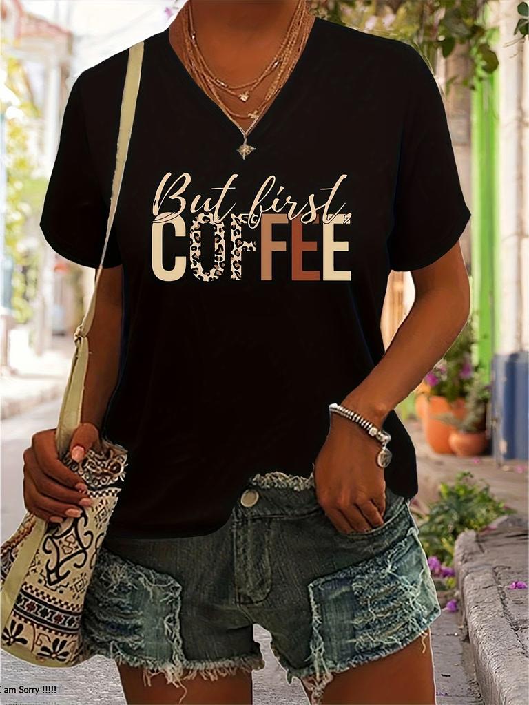 Funny Womens Daily But First Coffee Tshirt V Neck Casual Y2k Printed T Shirts Women Short Sleeve Tee Shirt Vneck Summer