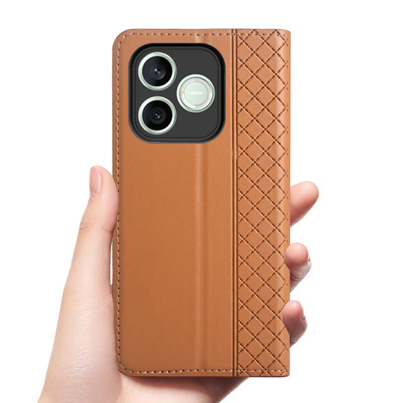 Flip Case for HONOR 600 Lite 5G Genuine Leather Magnetic Book Cover Luxury Cowhide Grid Pattern Card Pocket Wallet Cases Covers